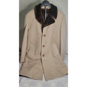 Vintage Botany 500‎ Men’s 40 Long Wool Coat Camel Tan Faux Fur Lined Overcoat